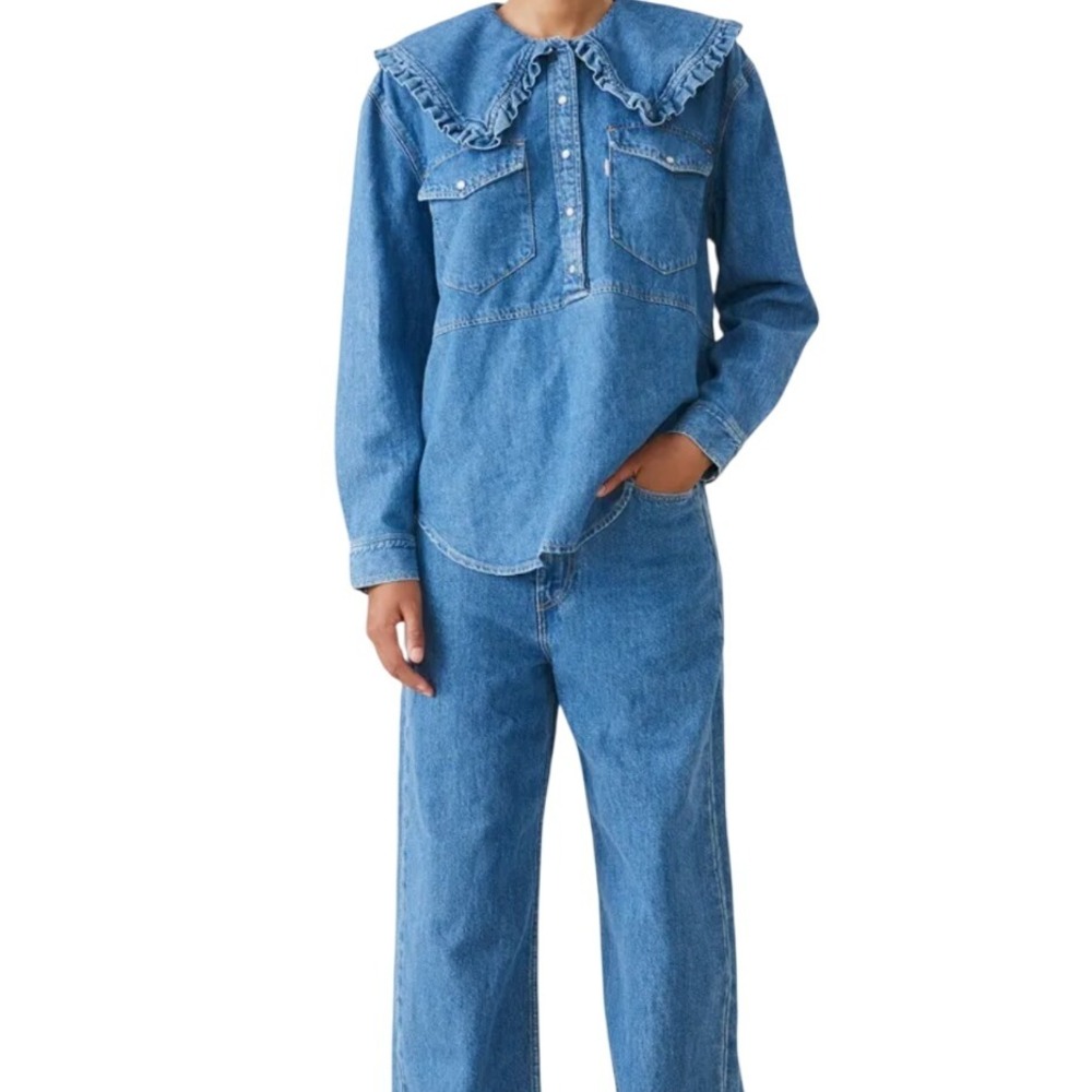 Levi & Ganni NWT SZ LGE Denim Jean Shirt Ruffled Collar Long Sleeve Button Down